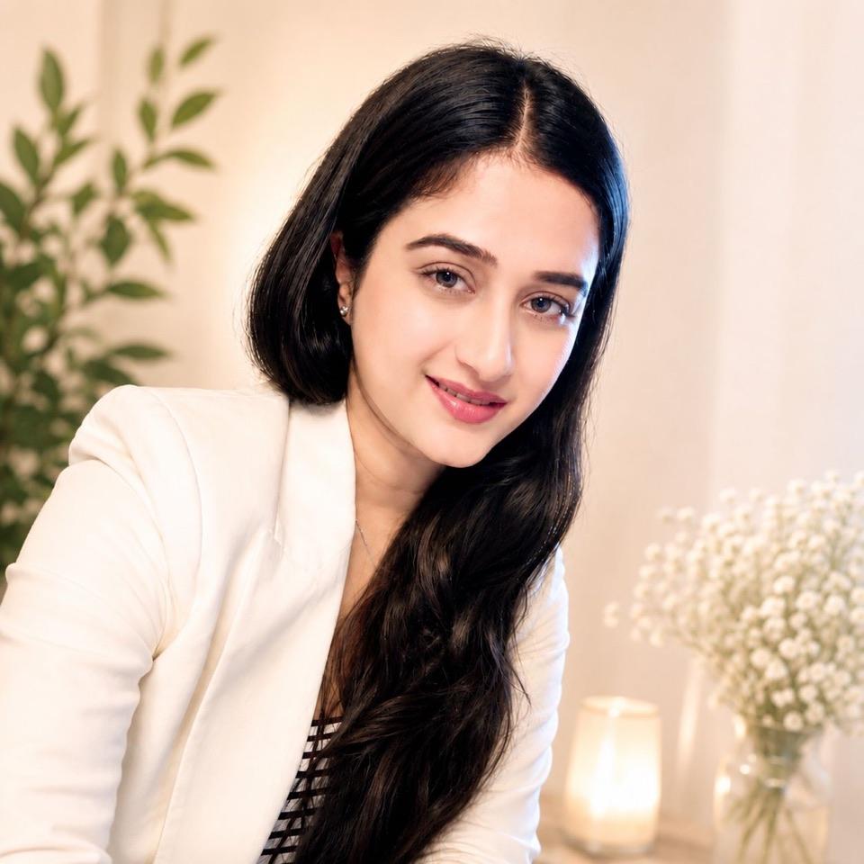 Anubha Rana, hypnotherapist, smiling in a softly lit room